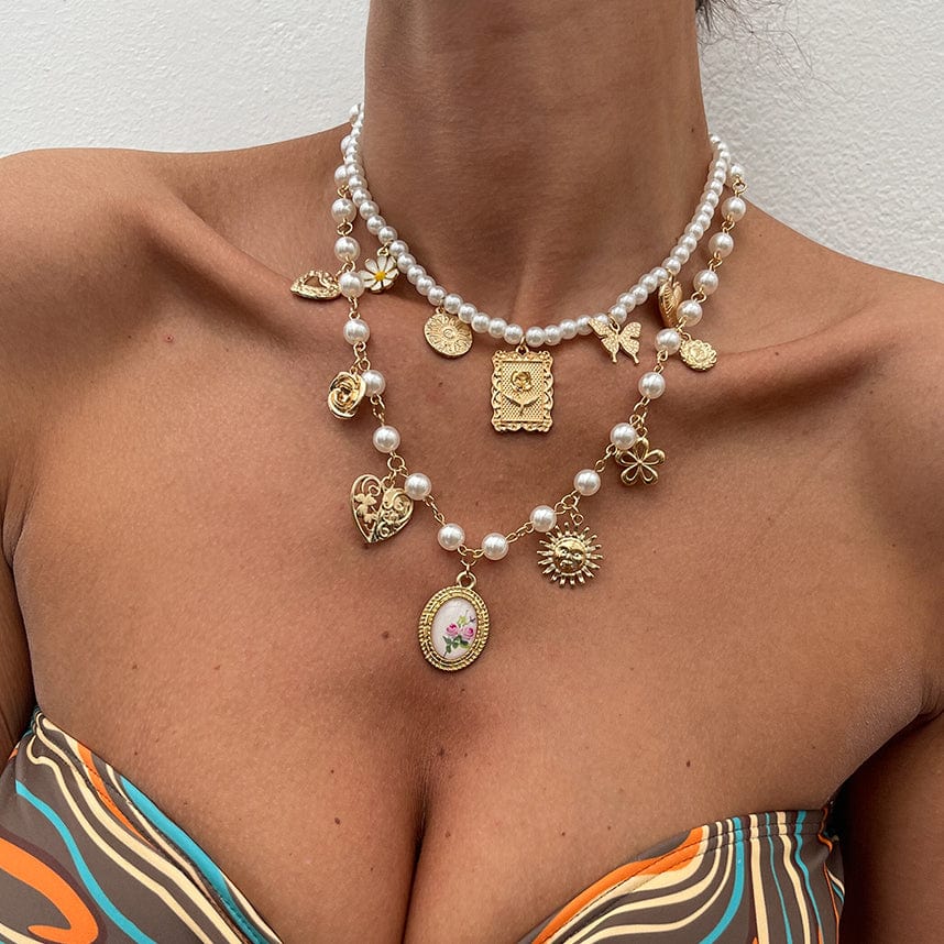 Baroque Layered Enamel Flower Heart Sun Pendant Pearl Chain Necklace Set - ArtGalleryZen