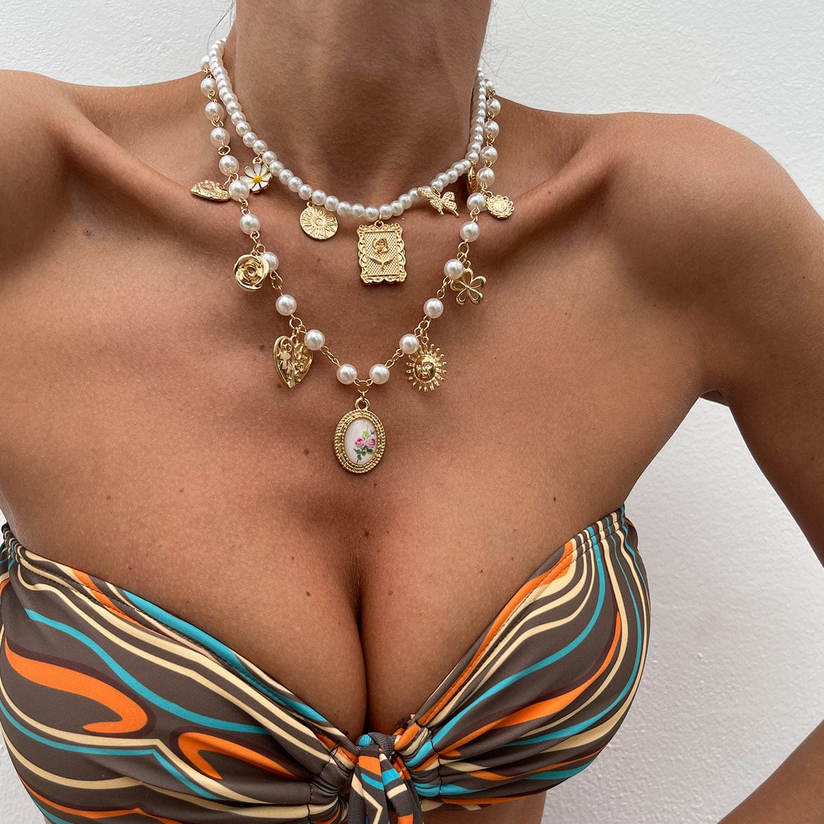 Baroque Layered Enamel Flower Heart Sun Pendant Pearl Chain Necklace Set - ArtGalleryZen