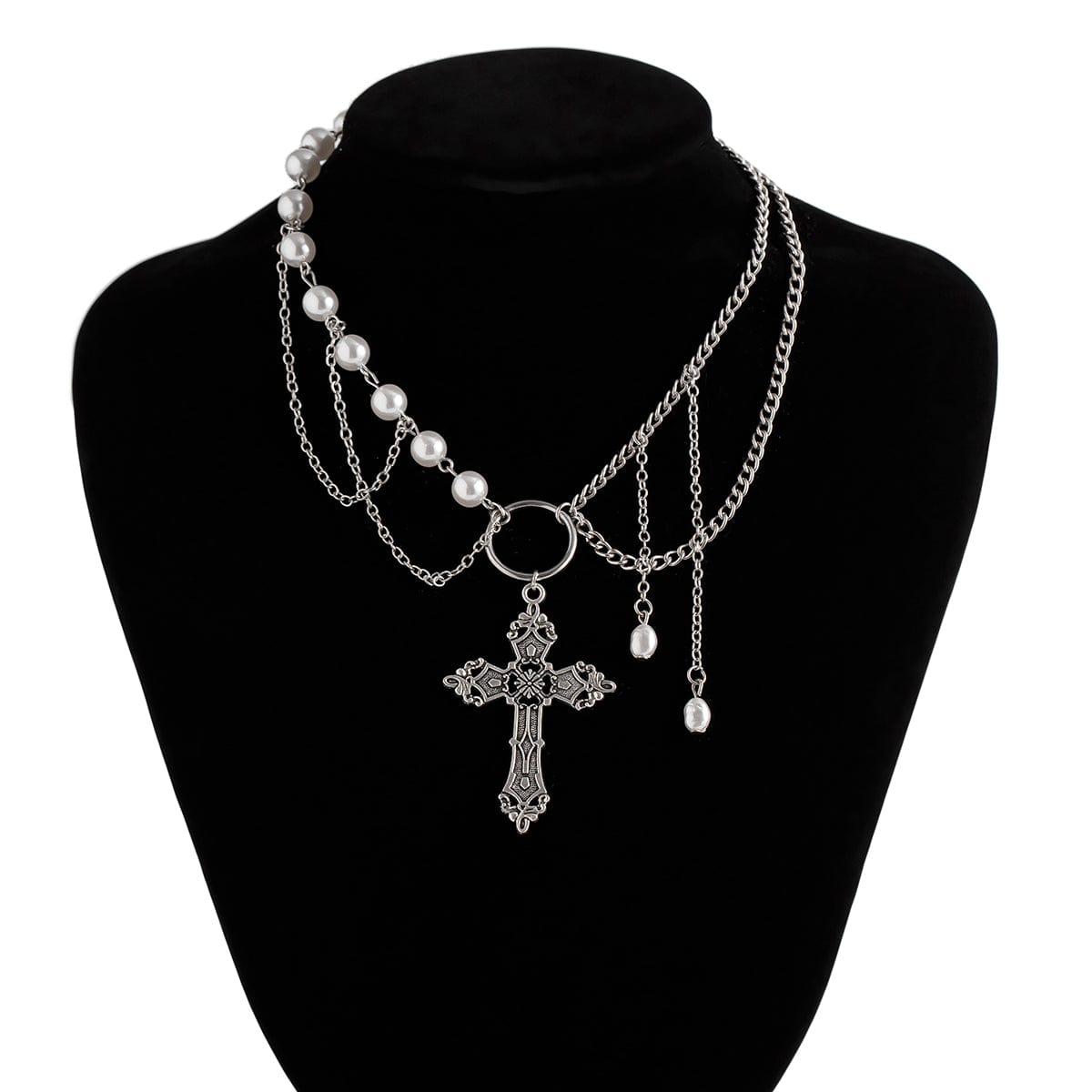 Baroque Layered Floral Cross Pendant Pearl Chain Choker Necklace - ArtGalleryZen