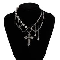 Thumbnail for Baroque Layered Floral Cross Pendant Pearl Chain Choker Necklace - ArtGalleryZen