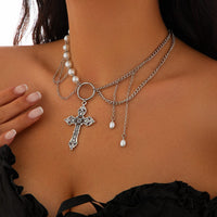 Thumbnail for Baroque Layered Floral Cross Pendant Pearl Chain Choker Necklace - ArtGalleryZen
