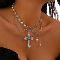 Thumbnail for Baroque Layered Floral Cross Pendant Pearl Chain Choker Necklace - ArtGalleryZen