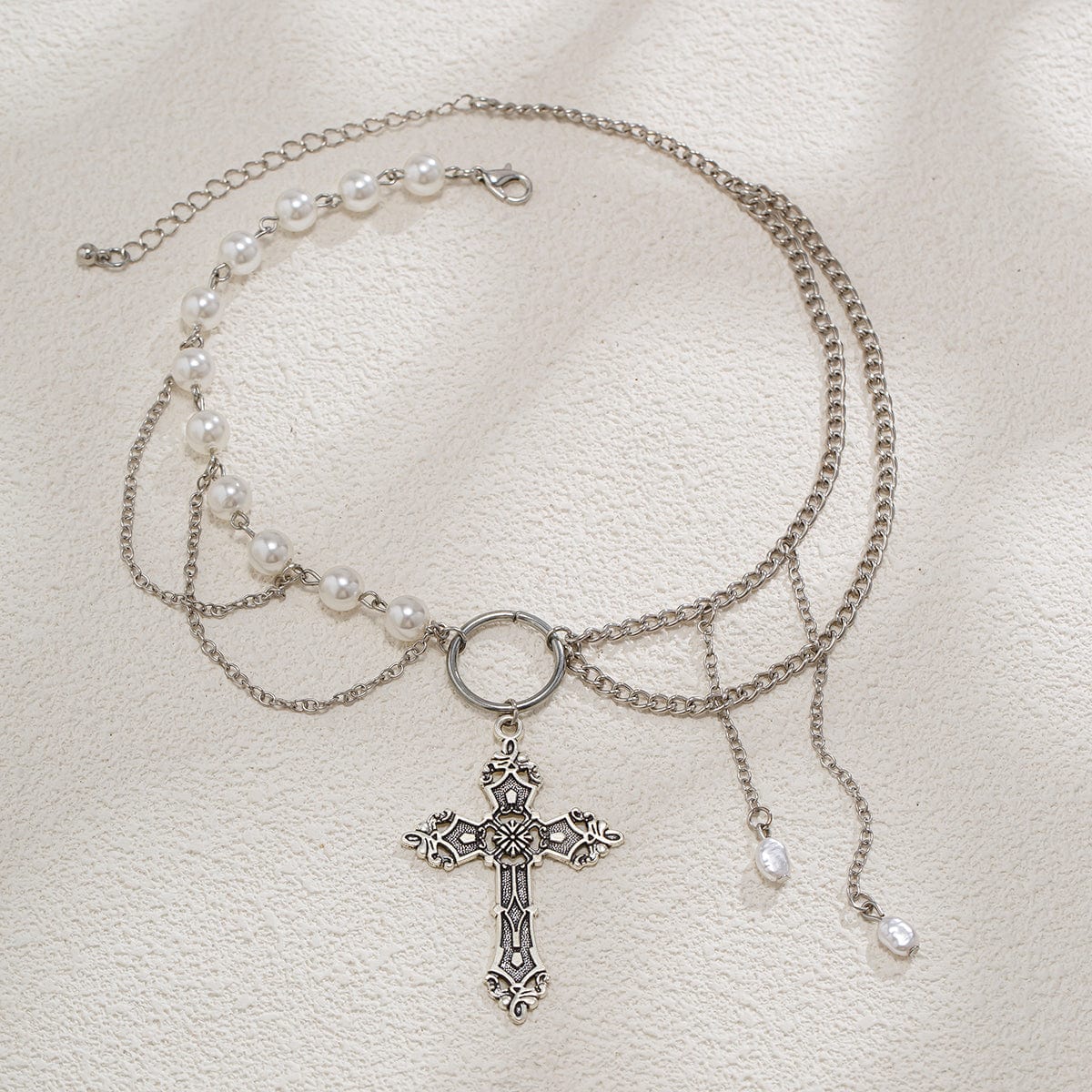 Baroque Layered Floral Cross Pendant Pearl Chain Choker Necklace - ArtGalleryZen