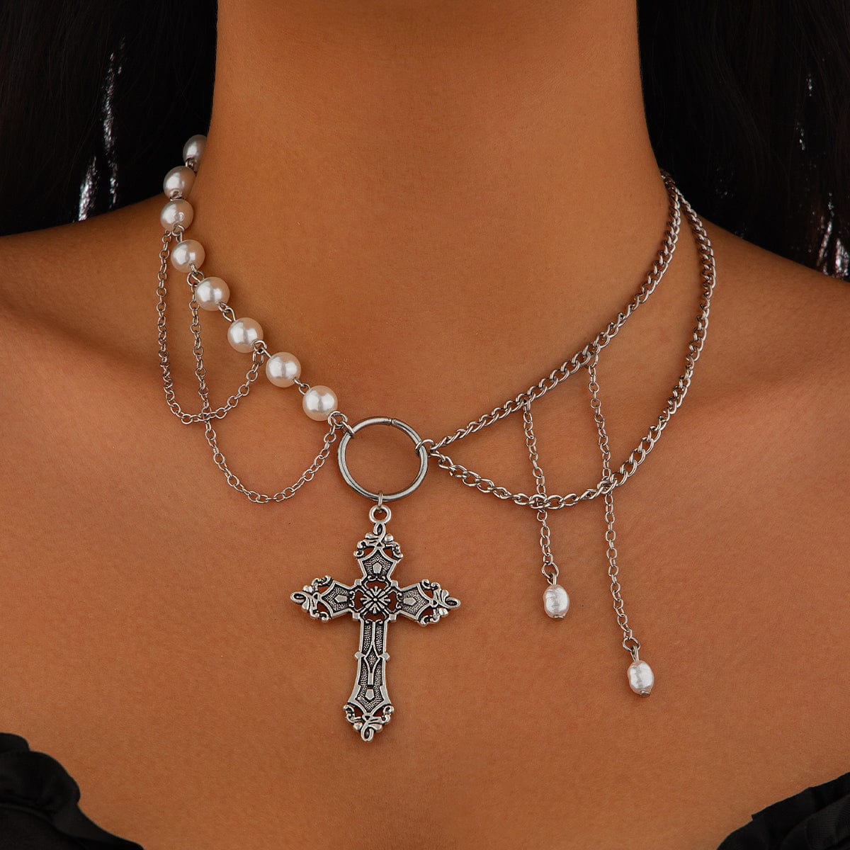 Baroque Layered Floral Cross Pendant Pearl Chain Choker Necklace