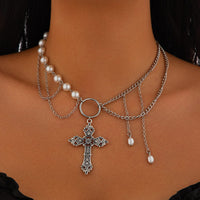 Thumbnail for Baroque Layered Floral Cross Pendant Pearl Chain Choker Necklace