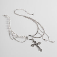 Thumbnail for Baroque Layered Floral Cross Pendant Pearl Chain Choker Necklace