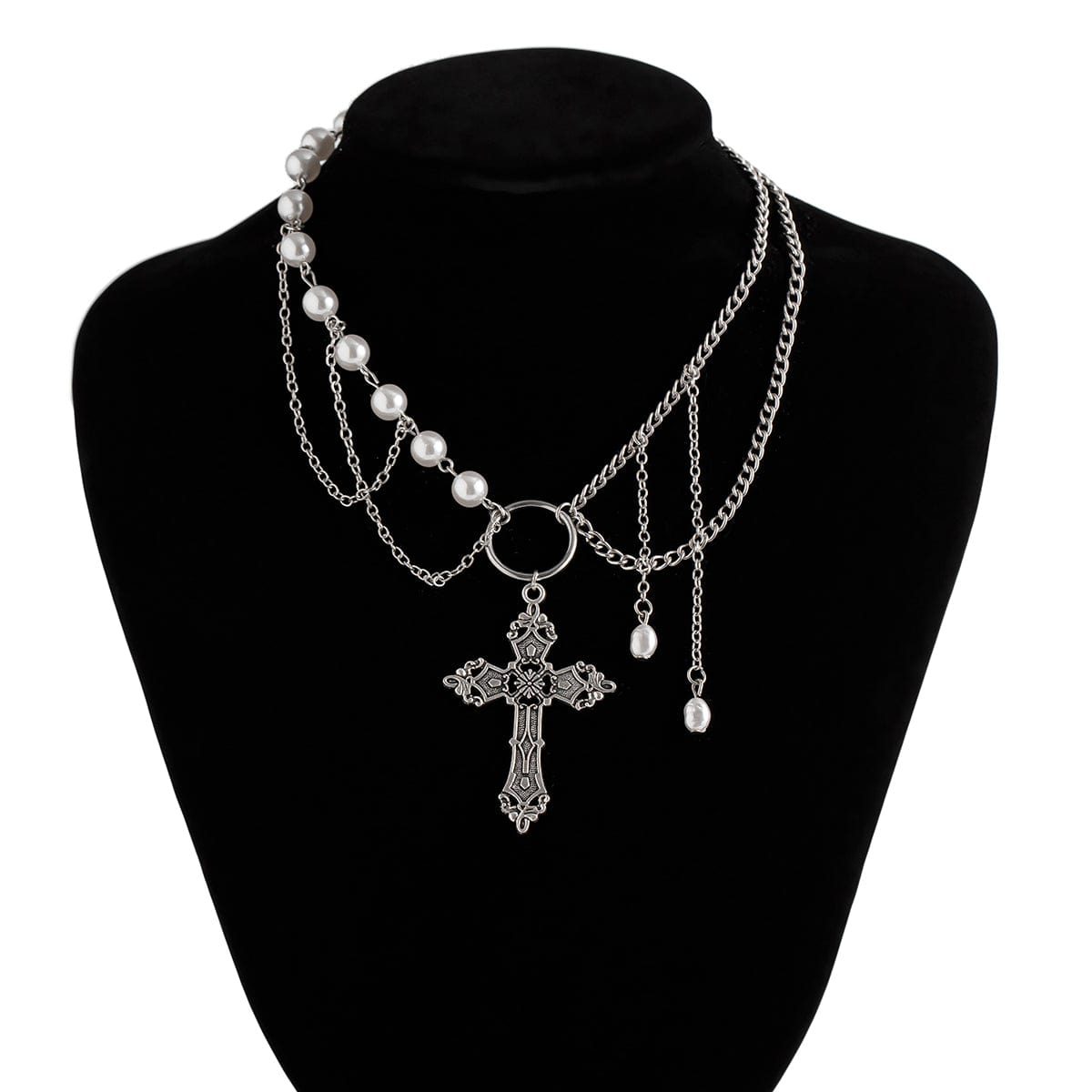 Baroque Layered Floral Cross Pendant Pearl Chain Choker Necklace