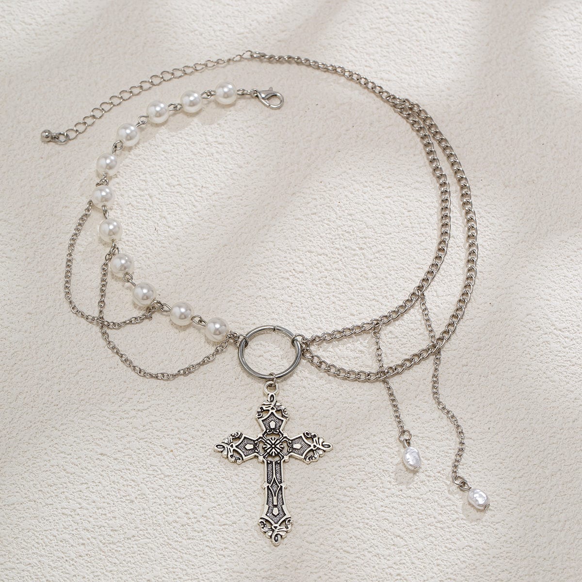 Baroque Layered Floral Cross Pendant Pearl Chain Choker Necklace