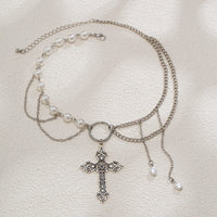 Thumbnail for Baroque Layered Floral Cross Pendant Pearl Chain Choker Necklace