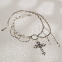 Thumbnail for Baroque Layered Floral Cross Pendant Pearl Chain Choker Necklace