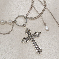 Thumbnail for Baroque Layered Floral Cross Pendant Pearl Chain Choker Necklace