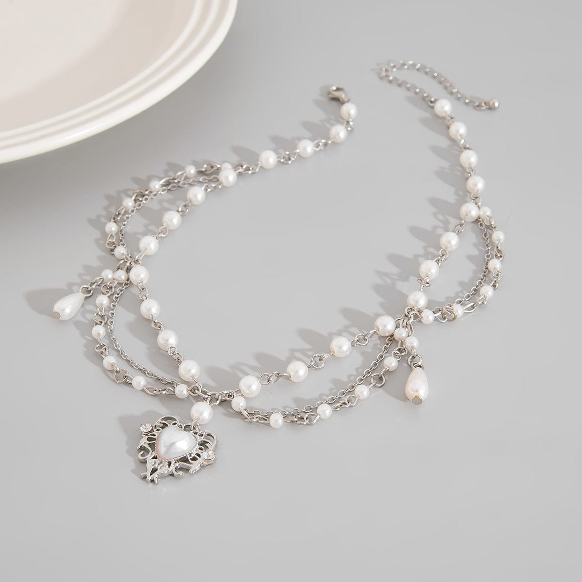 Baroque Layered Floral Heart Pendant Pearl Chain Necklace - ArtGalleryZen