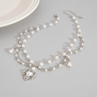 Thumbnail for Baroque Layered Floral Heart Pendant Pearl Chain Necklace - ArtGalleryZen