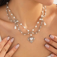 Thumbnail for Baroque Layered Floral Heart Pendant Pearl Chain Necklace - ArtGalleryZen