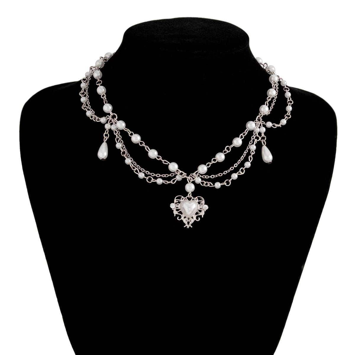 Baroque Layered Floral Heart Pendant Pearl Chain Necklace - ArtGalleryZen