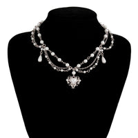 Thumbnail for Baroque Layered Floral Heart Pendant Pearl Chain Necklace - ArtGalleryZen
