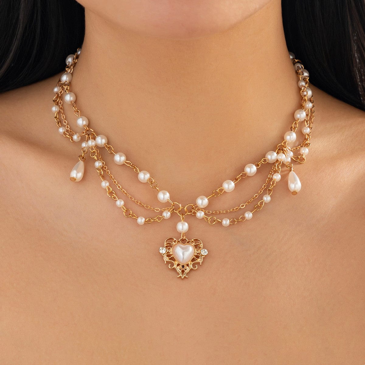 Baroque Layered Floral Heart Pendant Pearl Chain Necklace