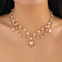 Thumbnail for Baroque Layered Floral Heart Pendant Pearl Chain Necklace