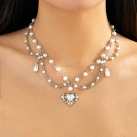 Thumbnail for Baroque Layered Floral Heart Pendant Pearl Chain Necklace