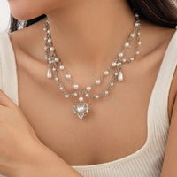 Thumbnail for Baroque Layered Floral Heart Pendant Pearl Chain Necklace