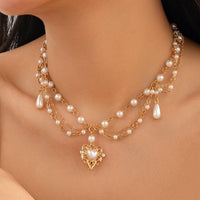 Thumbnail for Baroque Layered Floral Heart Pendant Pearl Chain Necklace