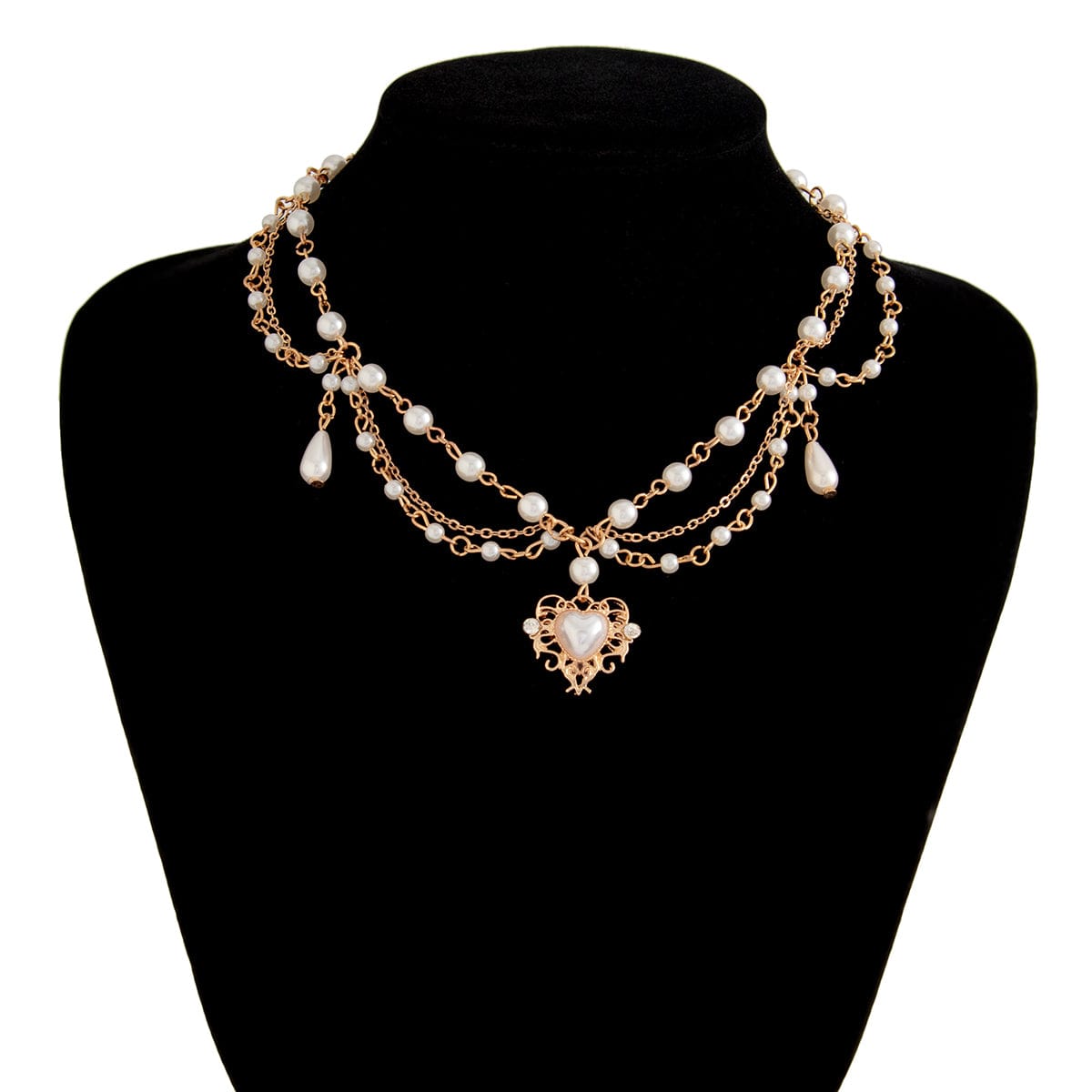 Baroque Layered Floral Heart Pendant Pearl Chain Necklace