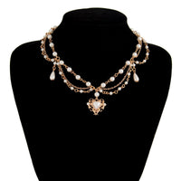 Thumbnail for Baroque Layered Floral Heart Pendant Pearl Chain Necklace