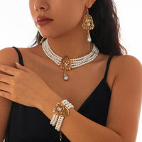 Thumbnail for Baroque Layered Gold Plated Rhinestone Inlaid Pearl Chain Necklace Bracelet Earrings Set