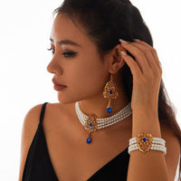 Thumbnail for Baroque Layered Gold Plated Rhinestone Inlaid Pearl Chain Necklace Bracelet Earrings Set