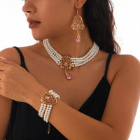 Thumbnail for Baroque Layered Gold Plated Rhinestone Inlaid Pearl Chain Necklace Bracelet Earrings Set