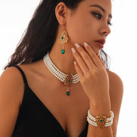 Thumbnail for Baroque Layered Gold Plated Rhinestone Inlaid Pearl Chain Necklace Bracelet Earrings Set