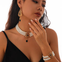 Thumbnail for Baroque Layered Gold Plated Rhinestone Inlaid Pearl Chain Necklace Bracelet Earrings Set