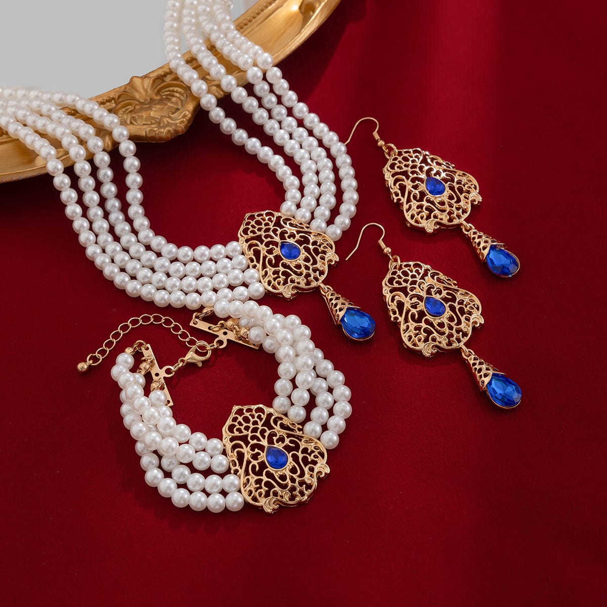 Baroque Layered Gold Plated Rhinestone Inlaid Pearl Chain Necklace Bracelet Earrings Set