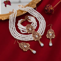 Thumbnail for Baroque Layered Gold Plated Rhinestone Inlaid Pearl Chain Necklace Bracelet Earrings Set