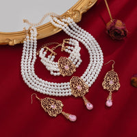 Thumbnail for Baroque Layered Gold Plated Rhinestone Inlaid Pearl Chain Necklace Bracelet Earrings Set