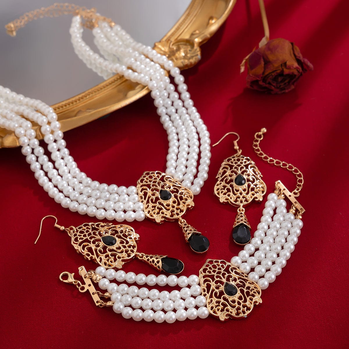 Baroque Layered Gold Plated Rhinestone Inlaid Pearl Chain Necklace Bracelet Earrings Set