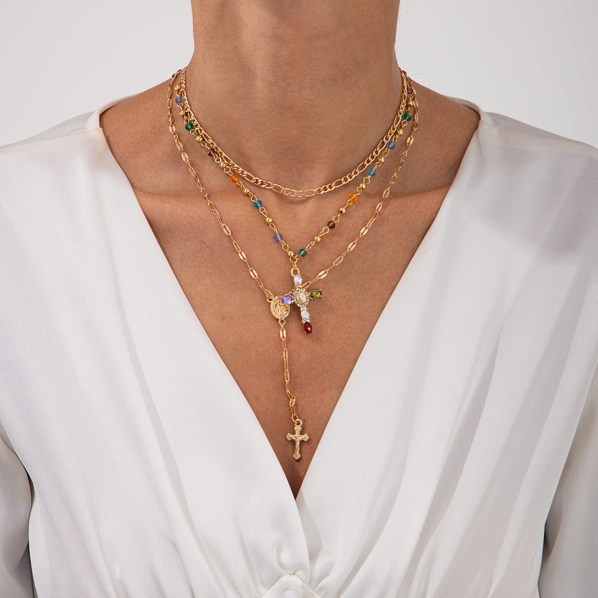 Baroque Layered Gold Silver Tone Cross Pendant Crystal Chain Y Necklace Set - ArtGalleryZen