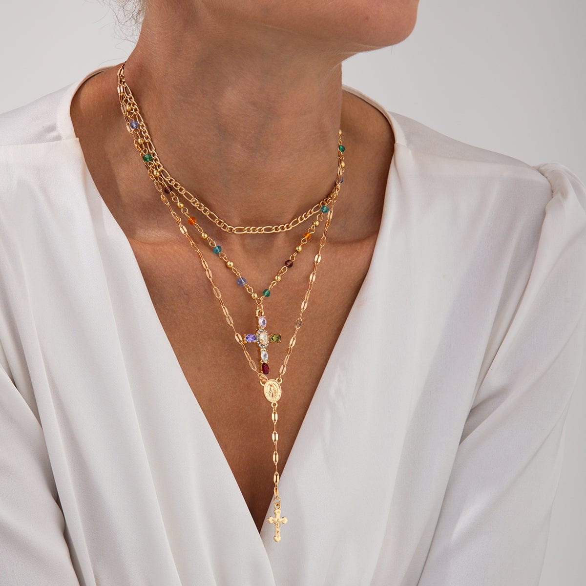 Baroque Layered Gold Silver Tone Cross Pendant Crystal Chain Y Necklace Set - ArtGalleryZen