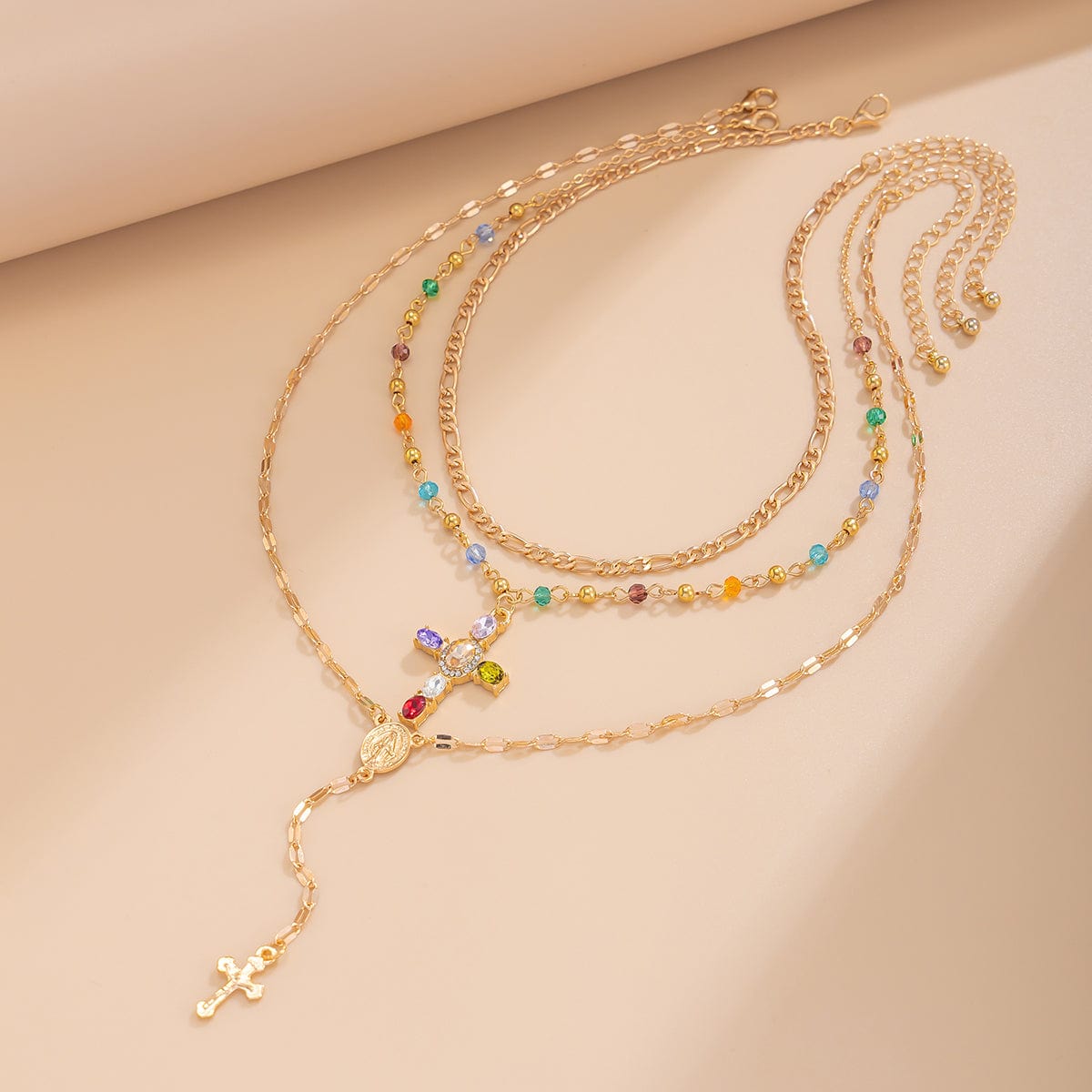 Baroque Layered Gold Silver Tone Cross Pendant Crystal Chain Y Necklace Set - ArtGalleryZen