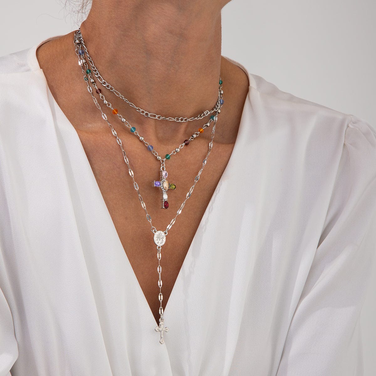 Baroque Layered Gold Silver Tone Cross Pendant Crystal Chain Y Necklace Set - ArtGalleryZen