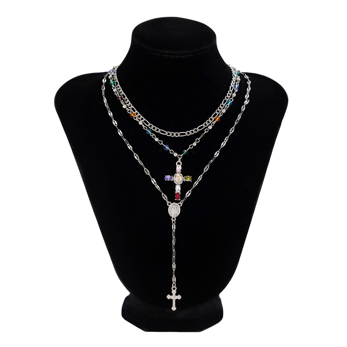 Baroque Layered Gold Silver Tone Cross Pendant Crystal Chain Y Necklace Set - ArtGalleryZen