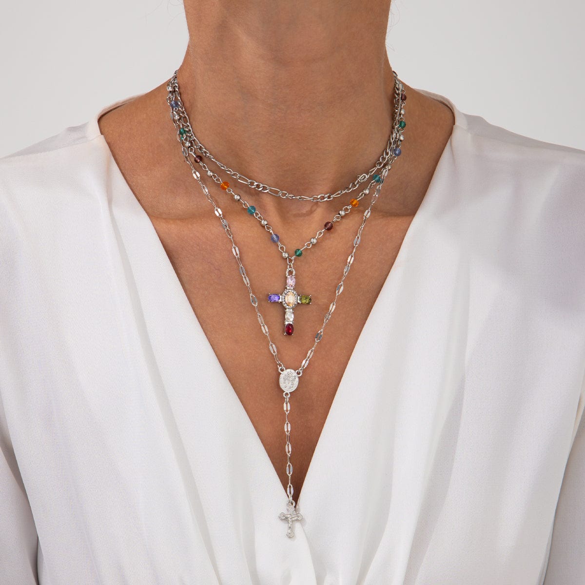 Baroque Layered Gold Silver Tone Cross Pendant Crystal Chain Y Necklace Set - ArtGalleryZen