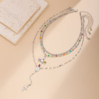 Thumbnail for Baroque Layered Gold Silver Tone Cross Pendant Crystal Chain Y Necklace Set - ArtGalleryZen