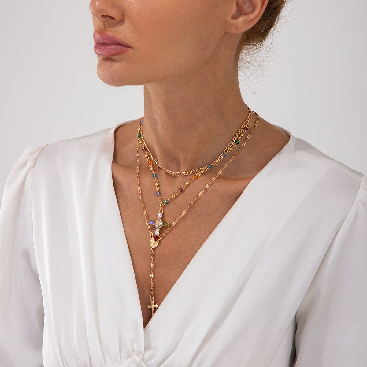 Baroque Layered Gold Silver Tone Cross Pendant Crystal Chain Y Necklace Set - ArtGalleryZen