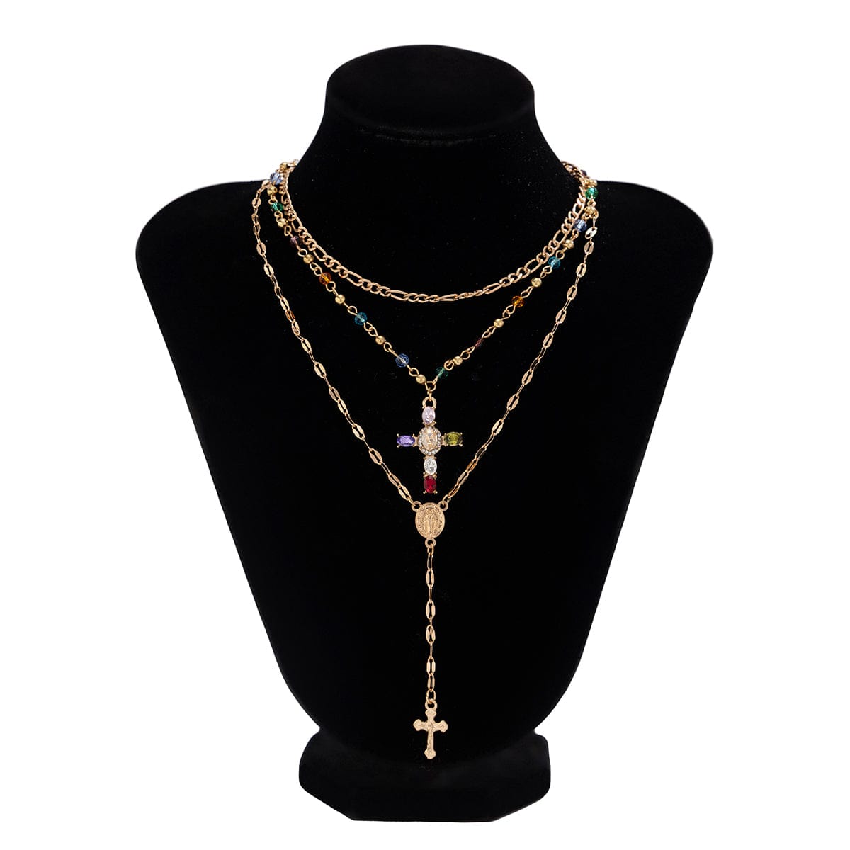 Baroque Layered Gold Silver Tone Cross Pendant Crystal Chain Y Necklace Set - ArtGalleryZen
