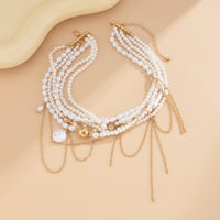 Thumbnail for Baroque Layered Gold Tone Pearl Chain Tassel Choker Necklace - ArtGalleryZen