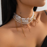 Thumbnail for Baroque Layered Gold Tone Pearl Chain Tassel Choker Necklace - ArtGalleryZen