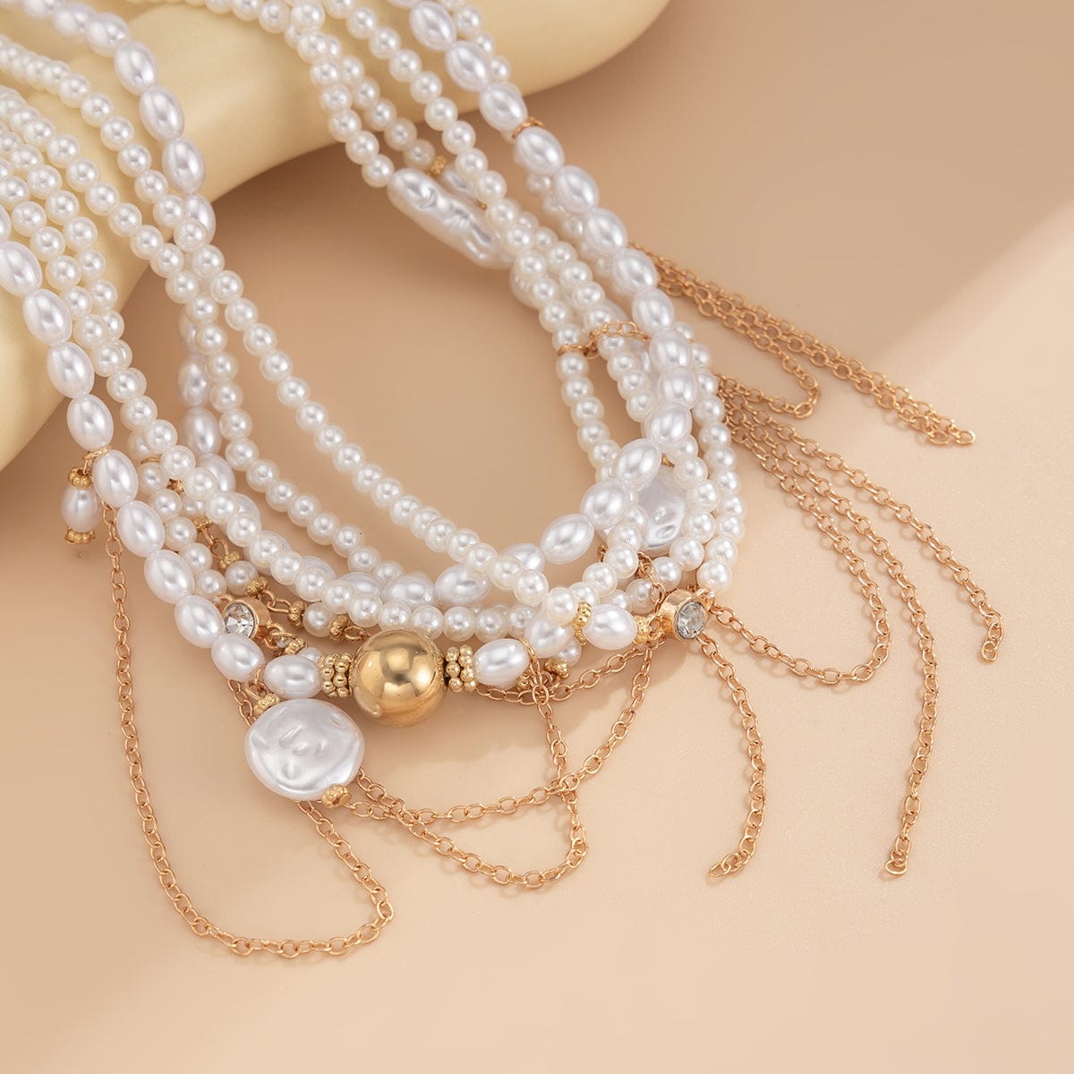 Baroque Layered Gold Tone Pearl Chain Tassel Choker Necklace - ArtGalleryZen