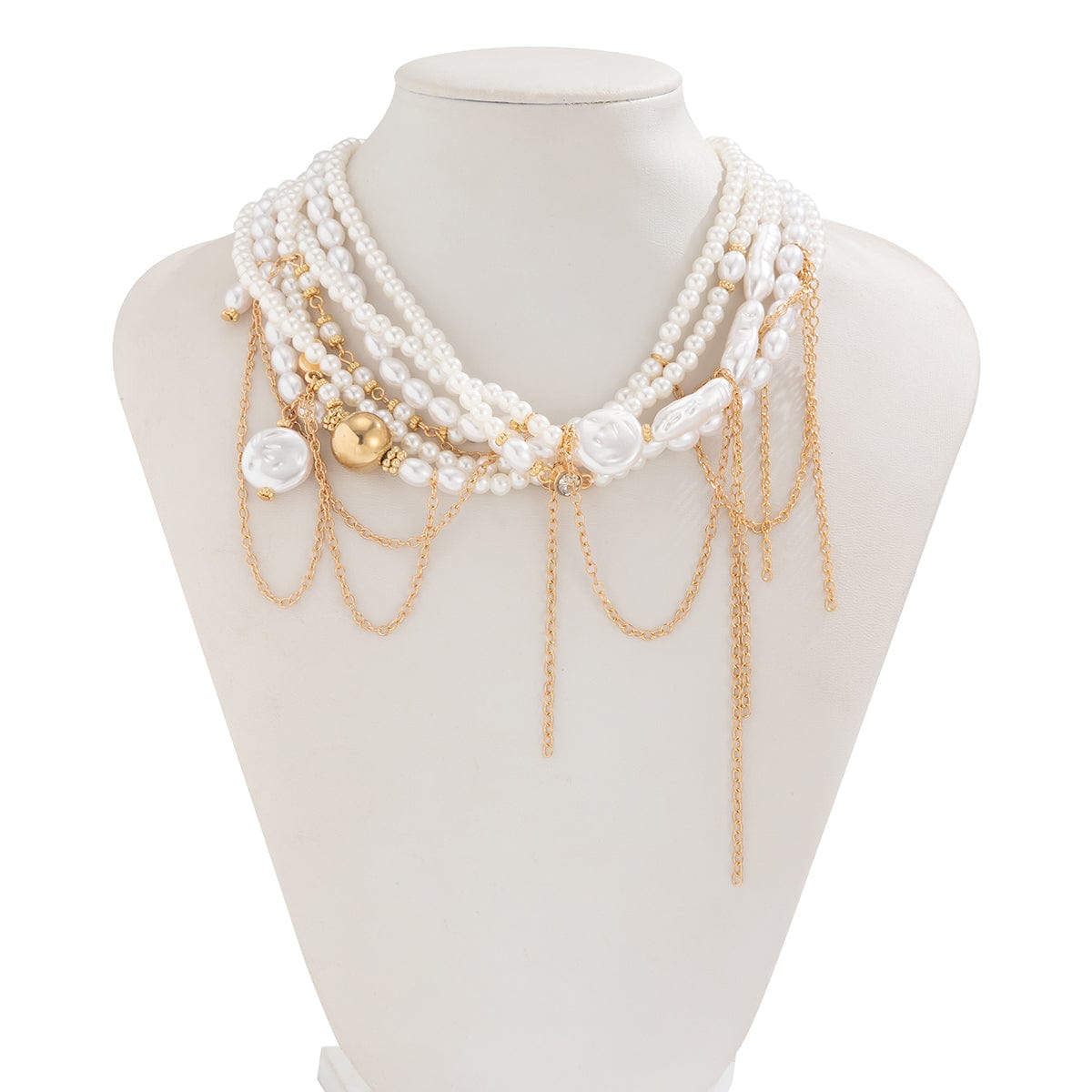 Baroque Layered Gold Tone Pearl Chain Tassel Choker Necklace