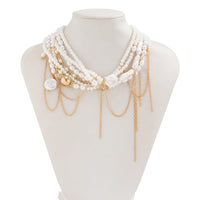 Thumbnail for Baroque Layered Gold Tone Pearl Chain Tassel Choker Necklace